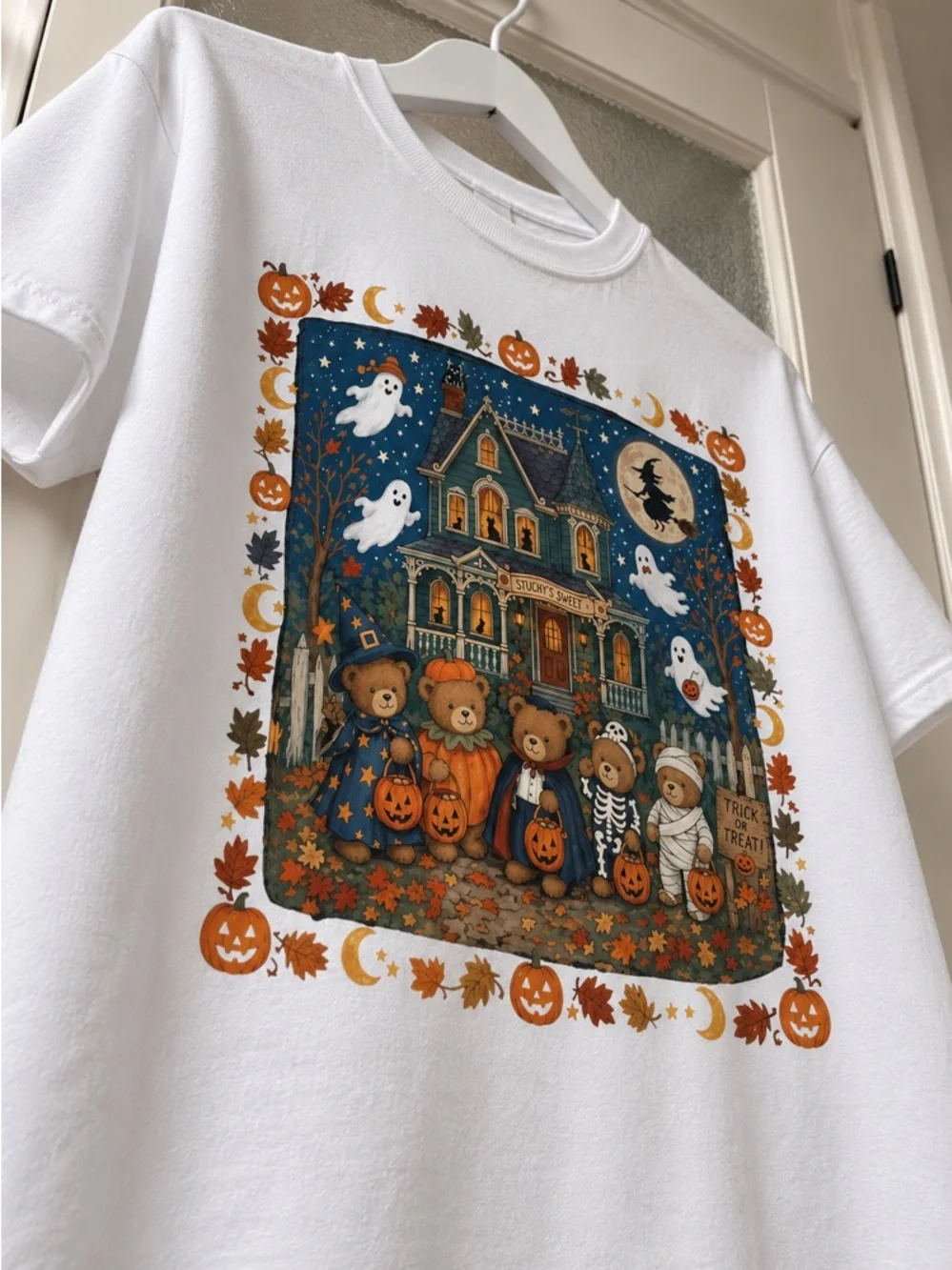 Halloween Bear Family and Ghost Graphic White T-Shirt